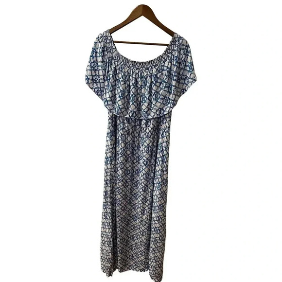 Chico’s Blue & White On Or Off Shoulder Maxi Dress Size 3 US Size 16/18 - Picture 1 of 7